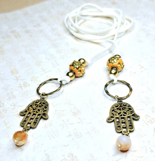 Boho Hamsa Lariat Necklace – Handmade Spiritual Jewelry with Bronze & Gold Beads on White Suede Cord – Protection Charm Necklace
