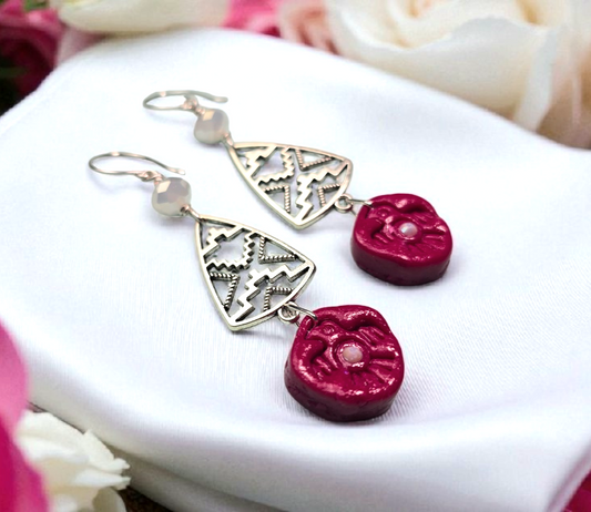 Tribal Eagle Spirit Earrings – Dark Pink/Red Polymer Clay Dangle Earrings with Silver Tribal Findings