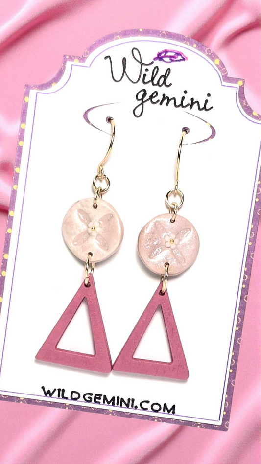 Blush Petal Boho Earrings – Light Pink Polymer Clay &amp; Wooden Triangle Dangle Earrings with Golden Wire Hooks