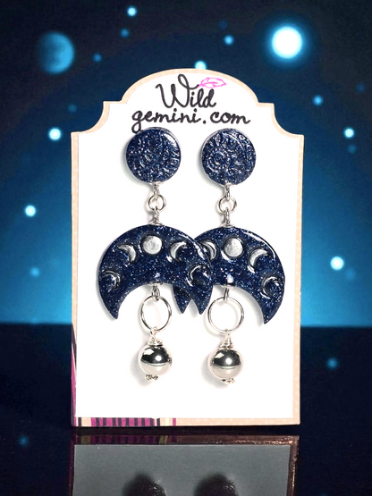Lunar Glow Boho Earrings – Blue Glitter Polymer Clay Moon Phase Dangle Earrings with Silver Wire & Beads