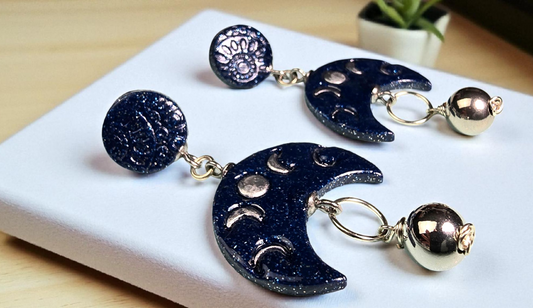 Lunar Glow Boho Earrings – Blue Glitter Polymer Clay Moon Phase Dangle Earrings with Silver Wire & Beads