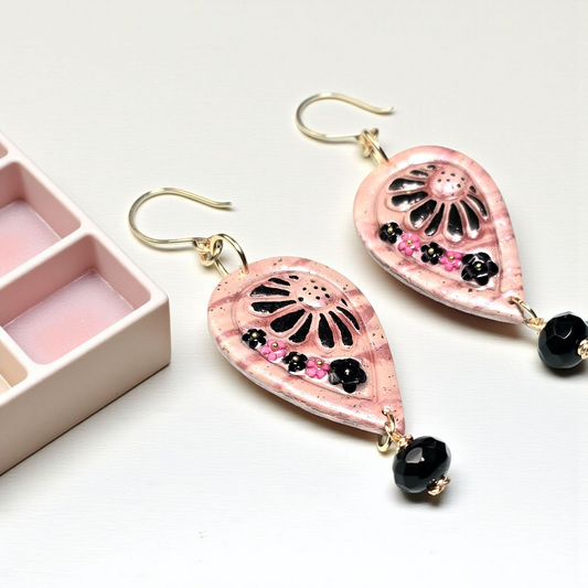 Midnight Blush Boho Earrings – Light Pink & Black Polymer Clay Dangle Earrings with Golden Wire & Black Glass Beads