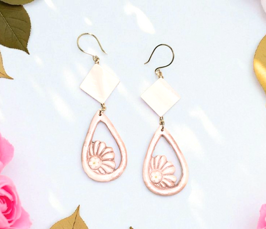 Blushing Bloom Boho Earrings – Light Pink Polymer Clay Dangle Earrings with Diamond Shell Beads &amp; Golden Wire Hooks