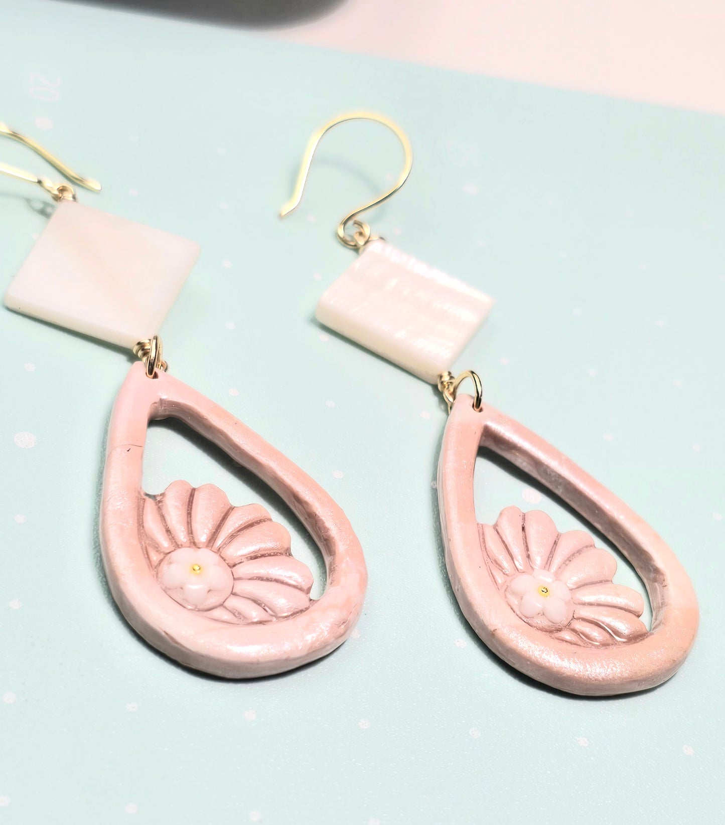 Blushing Bloom Boho Earrings – Light Pink Polymer Clay Dangle Earrings with Diamond Shell Beads &amp; Golden Wire Hooks