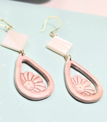 Blushing Bloom Boho Earrings – Light Pink Polymer Clay Dangle Earrings with Diamond Shell Beads &amp; Golden Wire Hooks