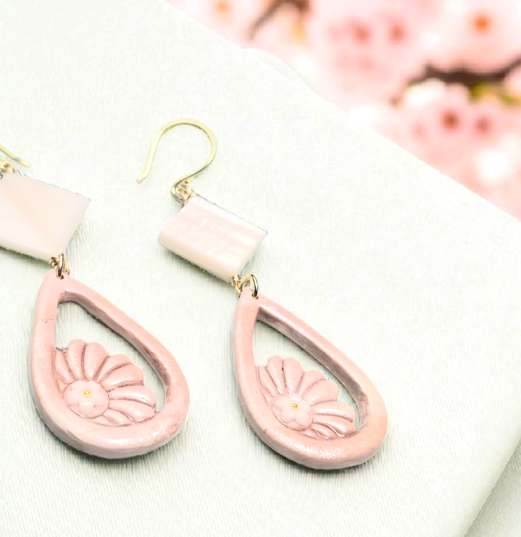 Blushing Bloom Boho Earrings – Light Pink Polymer Clay Dangle Earrings with Diamond Shell Beads &amp; Golden Wire Hooks