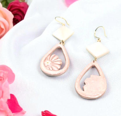 Blushing Bloom Boho Earrings – Light Pink Polymer Clay Dangle Earrings with Diamond Shell Beads &amp; Golden Wire Hooks