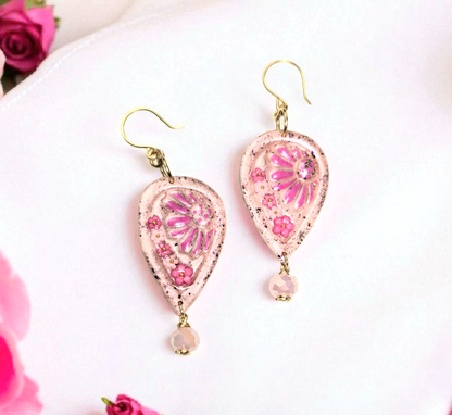 Blush Bloom Boho Earrings – Light Pink Polymer Clay Dangle Earrings with Golden Wire & Pink Glass Beads