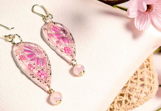 Blush Bloom Boho Earrings – Light Pink Polymer Clay Dangle Earrings with Golden Wire & Pink Glass Beads