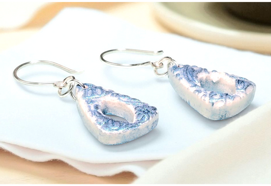 Ocean Breeze Boho Earrings – White & Blue Patterned Polymer Clay Triangle Dangle Earrings