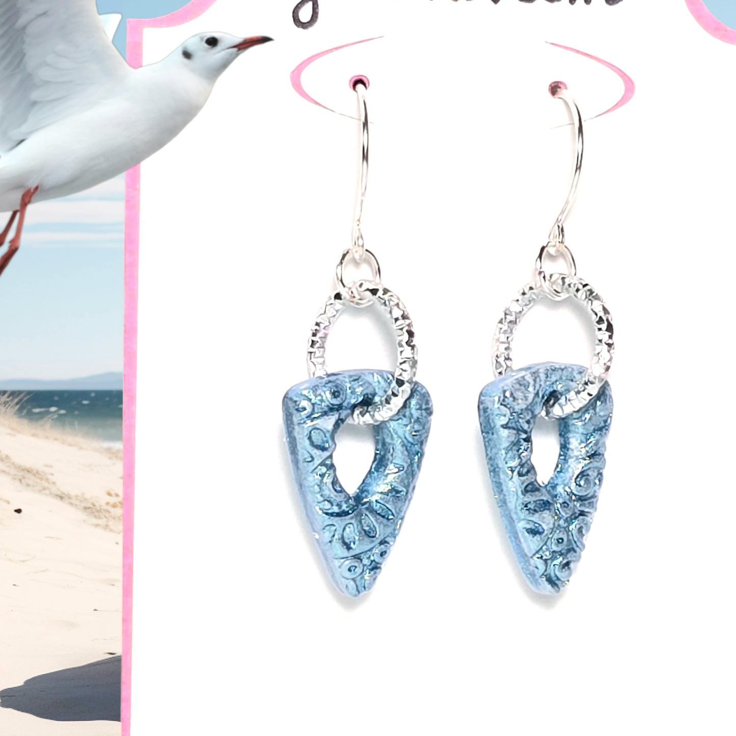 Azure Horizon Boho Earrings – Blue Patterned Polymer Clay Triangle Dangle Earrings with Aluminum Ring & Silver Wire Hooks
