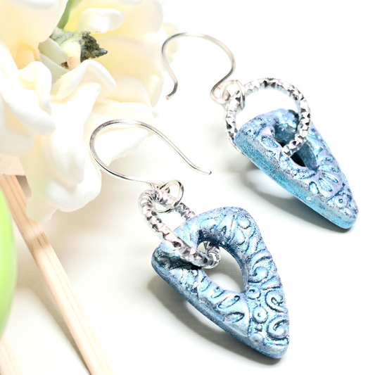 Azure Horizon Boho Earrings – Blue Patterned Polymer Clay Triangle Dangle Earrings with Aluminum Ring & Silver Wire Hooks
