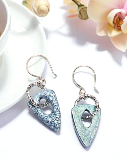 Azure Horizon Boho Earrings – Blue Patterned Polymer Clay Triangle Dangle Earrings with Aluminum Ring & Silver Wire Hooks