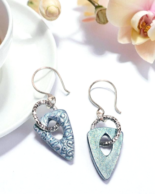 Azure Horizon Boho Earrings – Blue Patterned Polymer Clay Triangle Dangle Earrings with Aluminum Ring & Silver Wire Hooks