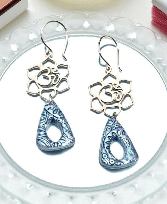Sacred Sky Boho Earrings – Blue Patterned Polymer Clay Triangle Dangle Earrings with Stainless Steel Om Findings & Silver Hooks