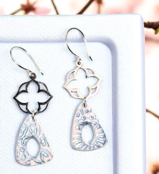 Blue Meadow Boho Earrings – Blue Patterned Polymer Clay Triangle Dangle Earrings with Stainless Steel Flower Findings & Silver Hooks