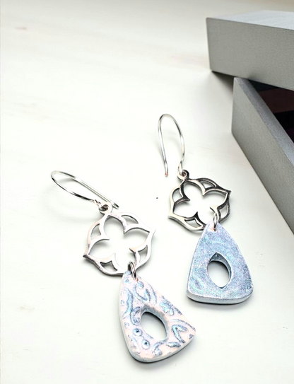 Blue Meadow Boho Earrings – Blue Patterned Polymer Clay Triangle Dangle Earrings with Stainless Steel Flower Findings & Silver Hooks