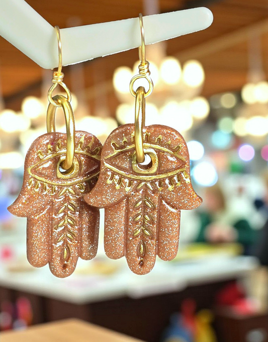 Golden Hamsa Boho Earrings – Hand of Fatima Polymer Clay Dangle Earrings Copper & Gold Leaf Patterns