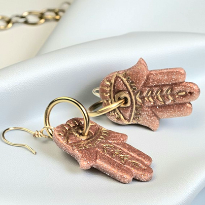 Golden Hamsa Boho Earrings – Hand of Fatima Polymer Clay Dangle Earrings Copper & Gold Leaf Patterns