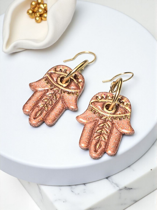 Golden Hamsa Boho Earrings – Hand of Fatima Polymer Clay Dangle Earrings Copper & Gold Leaf Patterns