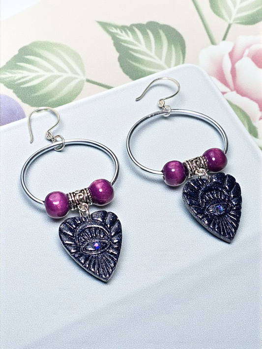 Evil Eye Heart Boho Earrings – Blue Glitter Polymer Clay Dangle Earrings with Light Blue Aluminum Rings & Silver Hooks