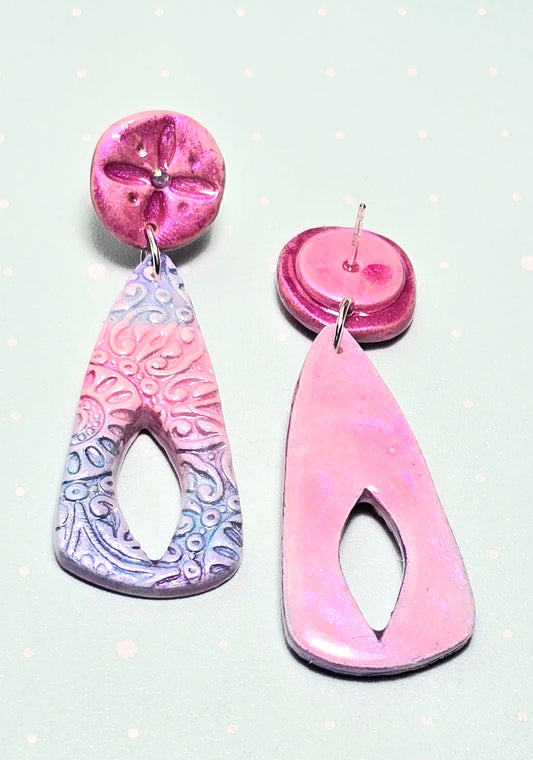 Boho Daydream Stud Earrings – Pink, White & Blue Polymer Clay Dangle Earrings with Glass Beads