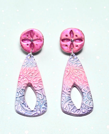 Boho Daydream Stud Earrings – Pink, White & Blue Polymer Clay Dangle Earrings with Glass Beads