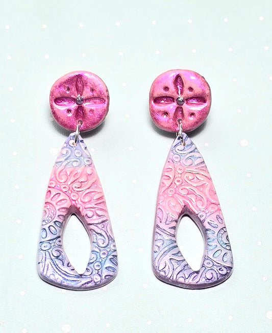 Boho Daydream Stud Earrings – Pink, White & Blue Polymer Clay Dangle Earrings with Glass Beads