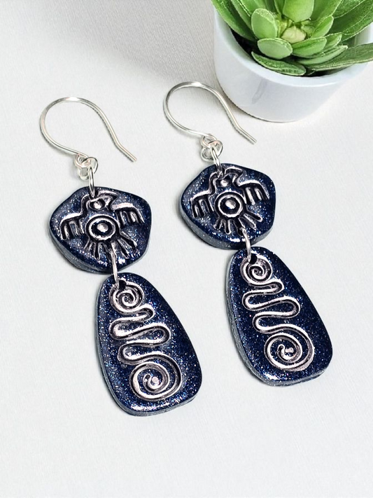 Tribal Sky Boho Earrings – Blue Glitter Polymer Clay Dangle Earrings with Eagle Design & Silver Wire Hooks