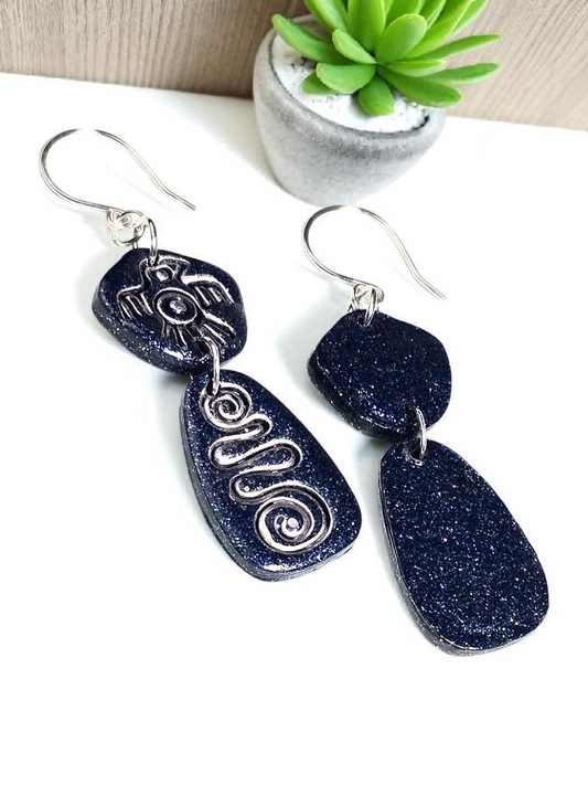 Tribal Sky Boho Earrings – Blue Glitter Polymer Clay Dangle Earrings with Eagle Design & Silver Wire Hooks