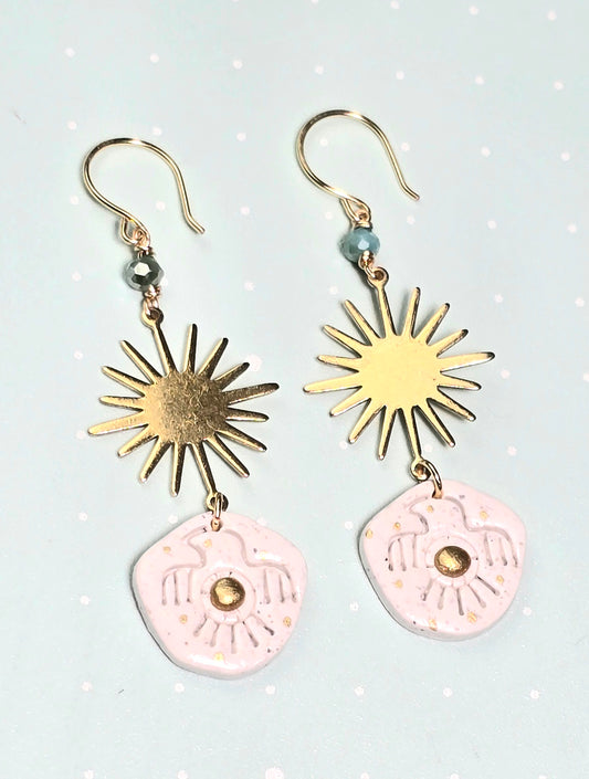 Golden Sun Spirit Boho Earrings – White Glitter Polymer Clay Dangle Earrings with Tribal Eagle Design, Glass Beads & Gold Hooks