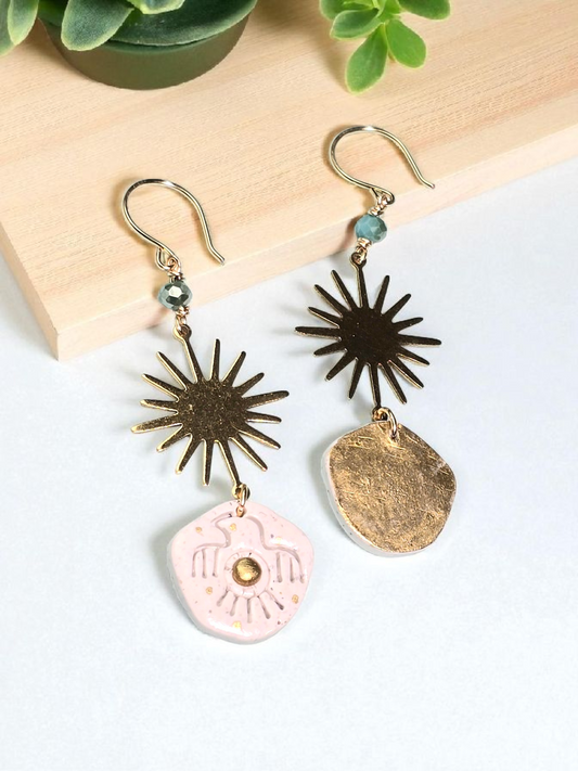 Golden Sun Spirit Boho Earrings – White Glitter Polymer Clay Dangle Earrings with Tribal Eagle Design, Glass Beads & Gold Hooks