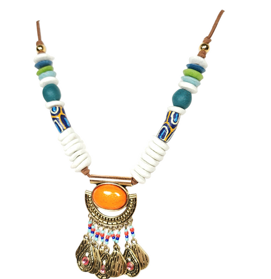 Tribal African Pendant Necklace – Handmade Boho Jewelry with Antique Brass, Krobo Beads, Ashanti & Sandcast Glass on Adjustable Suede Cord