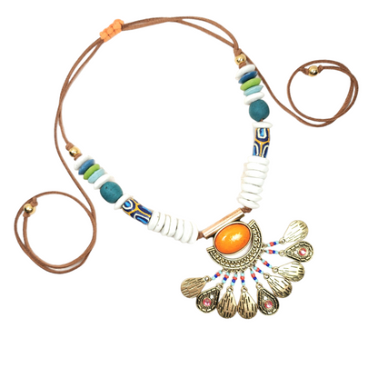 Tribal African Pendant Necklace – Handmade Boho Jewelry with Antique Brass, Krobo Beads, Ashanti & Sandcast Glass on Adjustable Suede Cord