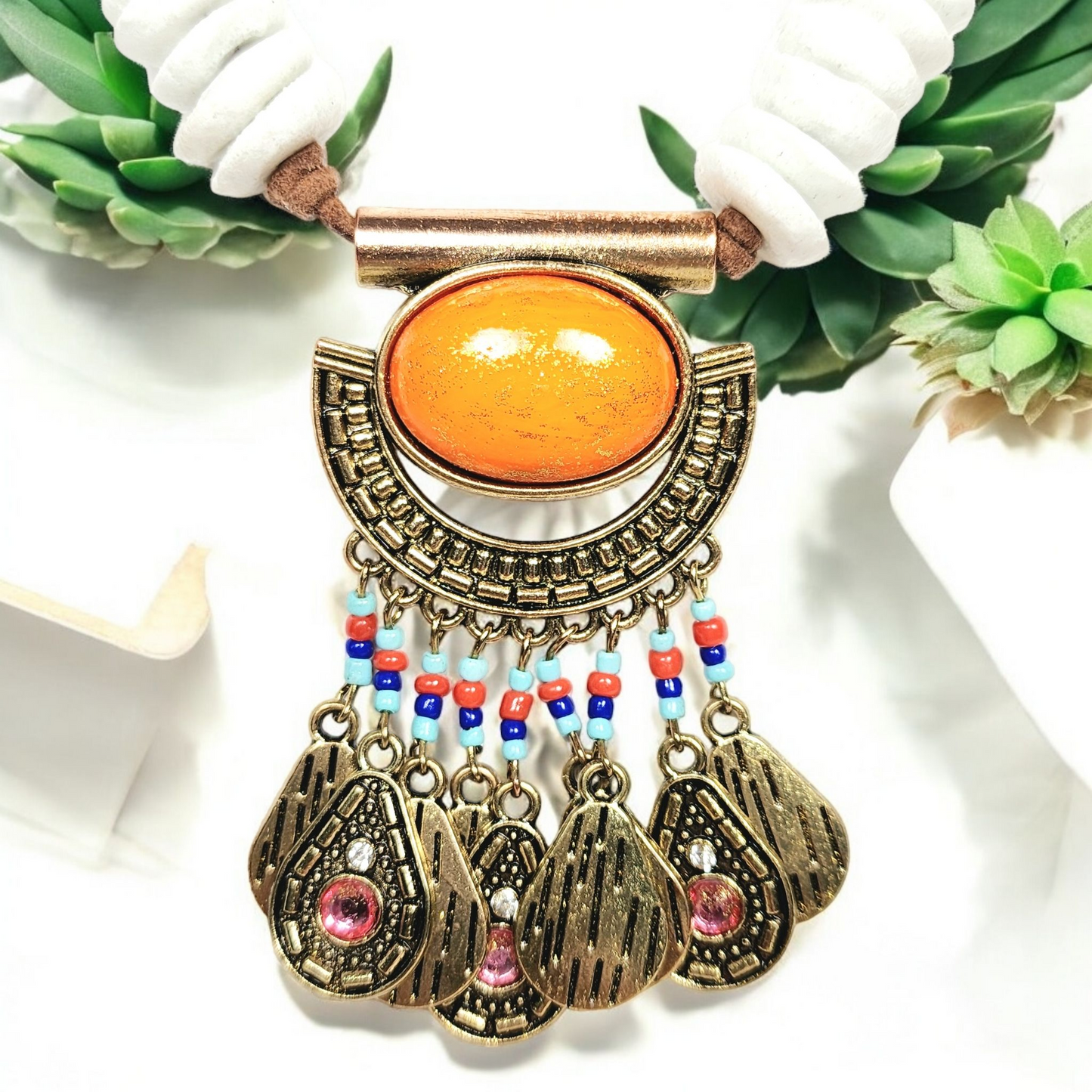 Tribal African Pendant Necklace – Handmade Boho Jewelry with Antique Brass, Krobo Beads, Ashanti & Sandcast Glass on Adjustable Suede Cord