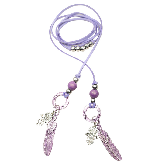 Boho Hamsa Feather Necklace – Handmade Jewelry with Silver Hamsa Charm, Purple Feather, Wood Bead & Faux Suede Cord