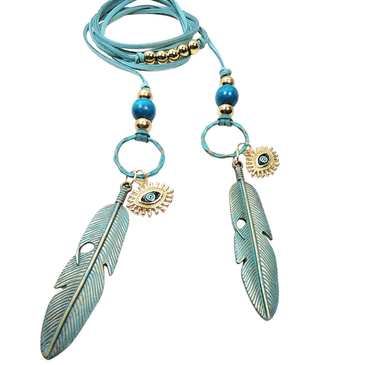 Boho Evil Eye Feather Necklace – Handmade Jewelry with Brass Feathers, Teal Wood Beads, Golden Accents & Faux Suede Cord