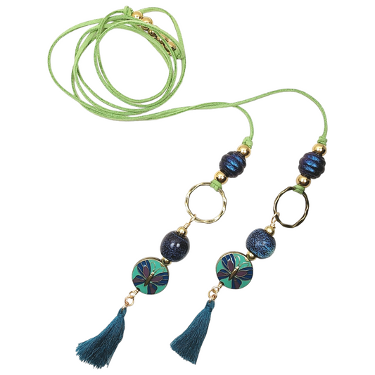 Boho Butterfly Necklace – Handmade Jewelry with Brass Coin Beads, Blue Ceramic, Teal Tassel & Green Faux Suede Cord