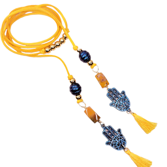 Boho Hamsa Hand Necklace – Handmade Jewelry with Blue Hamsa Charm, Yellow Jasper, Golden Beads & Tassel on Faux Suede Brown Cord