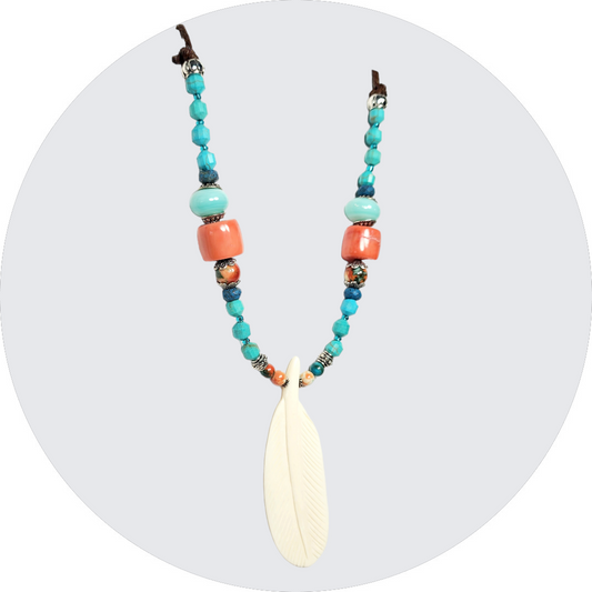 Boho Feather Necklace – Handmade Jewelry with White Resin Feather, Ocean Jade, Lampwork, Turquoise & Spiny Oyster Shell on Adjustable Brown Cord