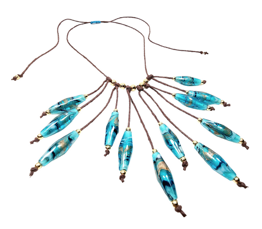 Teal Rhombus Glass Bead Necklace – Handmade Boho Jewelry with Geometric Lampwork Beads on Adjustable Brown Cord – Statement Gift for Her
