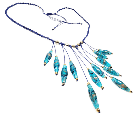 Teal Lampwork Glass Necklace – Handmade Boho Jewelry with Rhombus Beads, Golden Accents & Adjustable Blue Cotton Cord