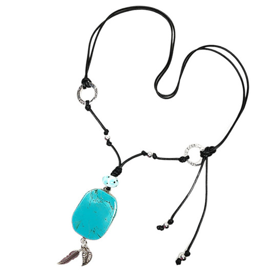 Turquoise Pendant Necklace – Handmade Boho Jewelry with Lampwork Glass, Silver Hope Rings & Adjustable Black Cord – 42” Statement Gift