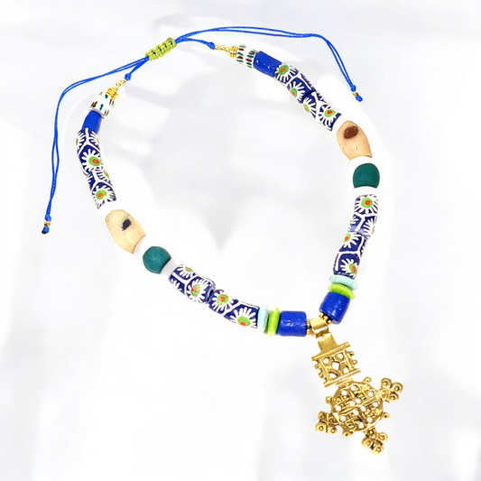 Ethiopian Brass Cross Necklace – Handmade African Tribal Jewelry with Krobo Beads, Ashanti Glass, Sandcast Accents & Adjustable Cord