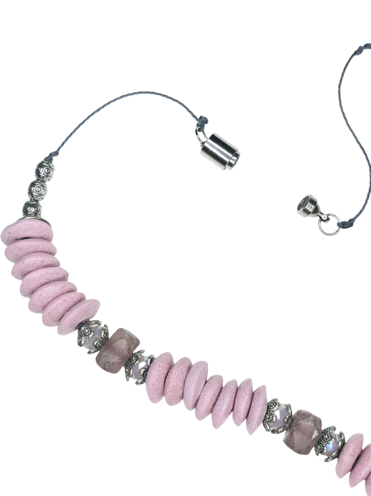 Boho Tuareg Cross Necklace – Handmade Tribal Jewelry with Pink Ashanti Glass, Swarovski Crystals & Java Sea Glass on Grey Cotton Cord with Silver Clasp