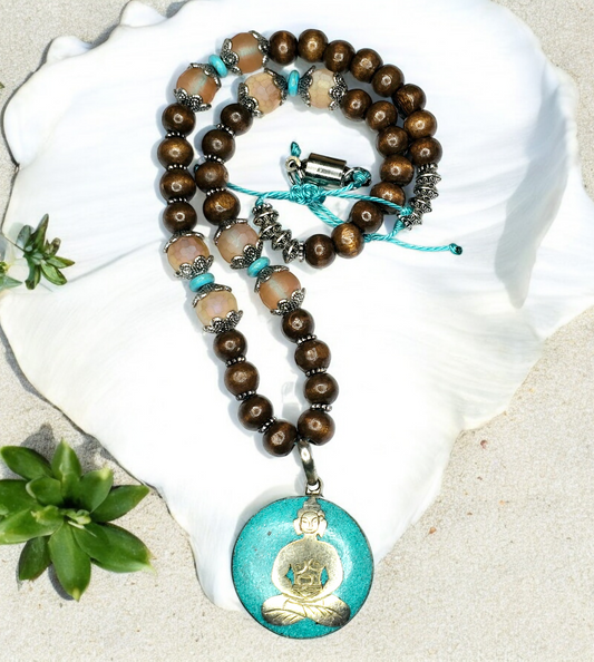 Turquoise Buddha Necklace – Handmade Tibetan Pendant with Wooden Beads, Glass Accents & Adjustable Cord – Spiritual Boho Jewelry