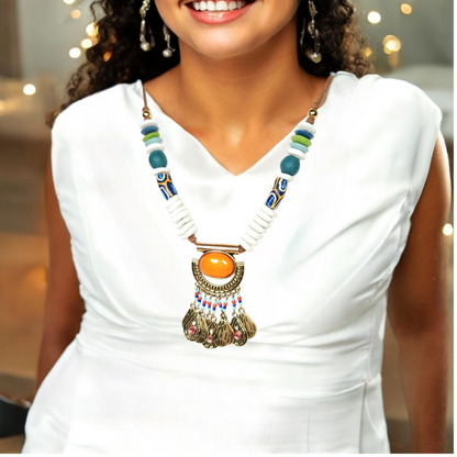 Tribal African Pendant Necklace – Handmade Boho Jewelry with Antique Brass, Krobo Beads, Ashanti & Sandcast Glass on Adjustable Suede Cord