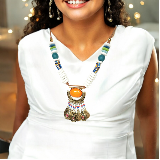Tribal African Pendant Necklace – Handmade Boho Jewelry with Antique Brass, Krobo Beads, Ashanti & Sandcast Glass on Adjustable Suede Cord