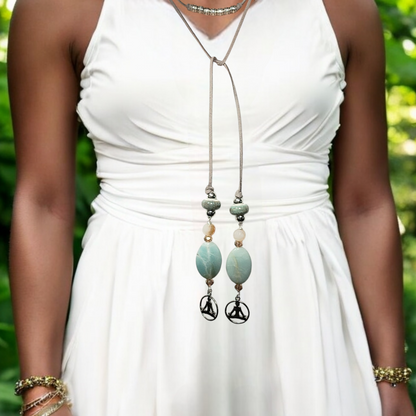 Boho Yoga Necklace – Handmade Jewelry with Silver Yoga Pose Charm, Amazonite Stones, Porcelain & Faceted Beads on Grey Faux Suede Cord