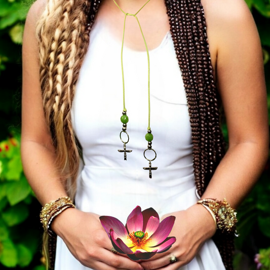 Boho Mayan Totem Necklace – Handmade Jewelry with Silver Totem Charms, Green Aventurine, Sterling Beads & Faux Suede Cord